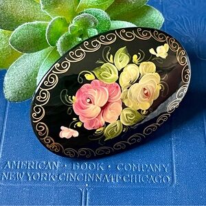 Vintage Hand Painted Signed Floral Russian Lacquered Brooch